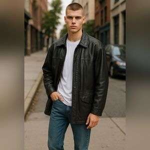 Vintage Men's Leather Jacket Coat size 44 JEZ Creation  Montreal Lined Navy Ex